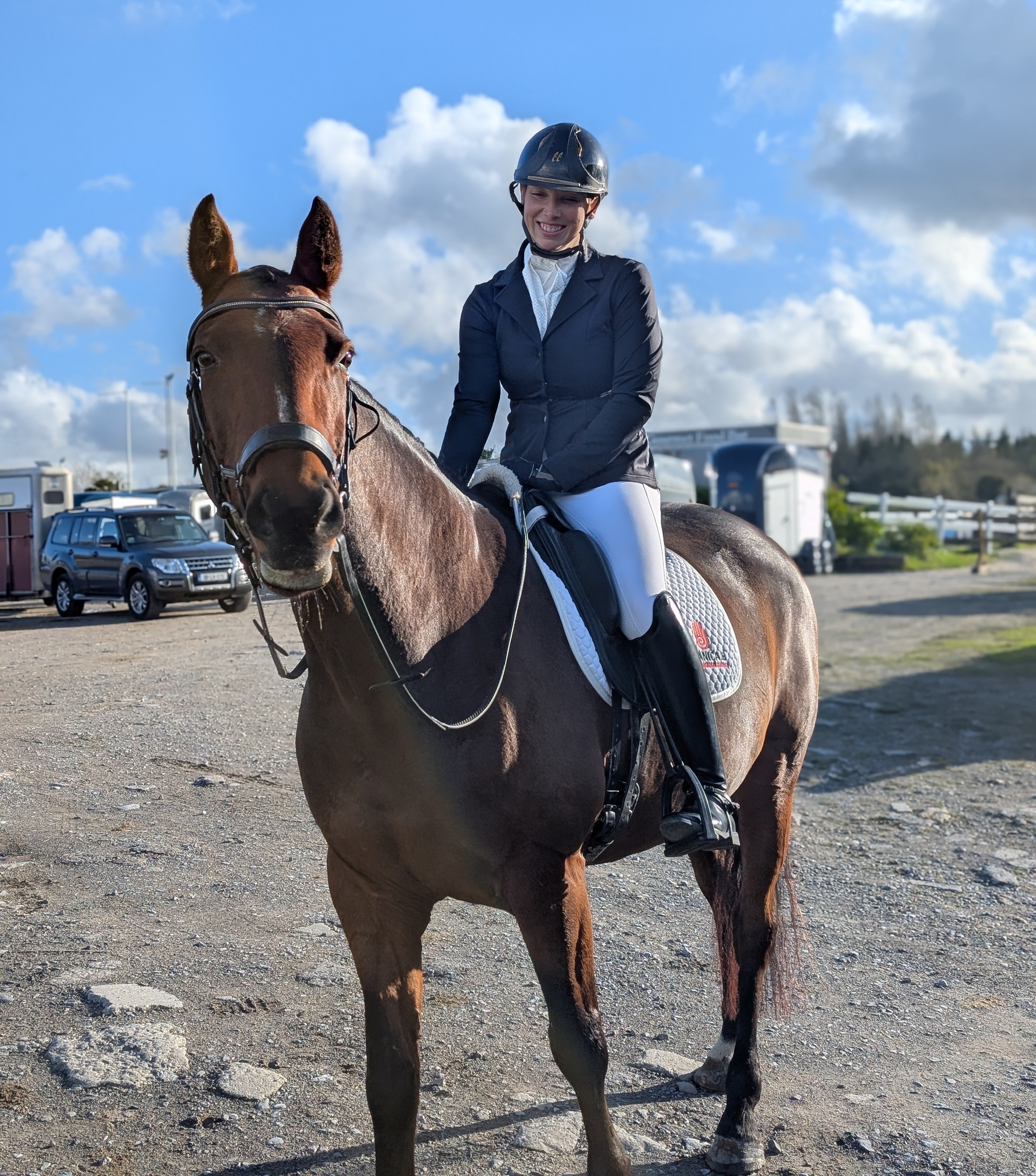 Sarah Elebert and Hallie at a local dressage show—first test back after three years and two babies—quiet, focused return to the arena
